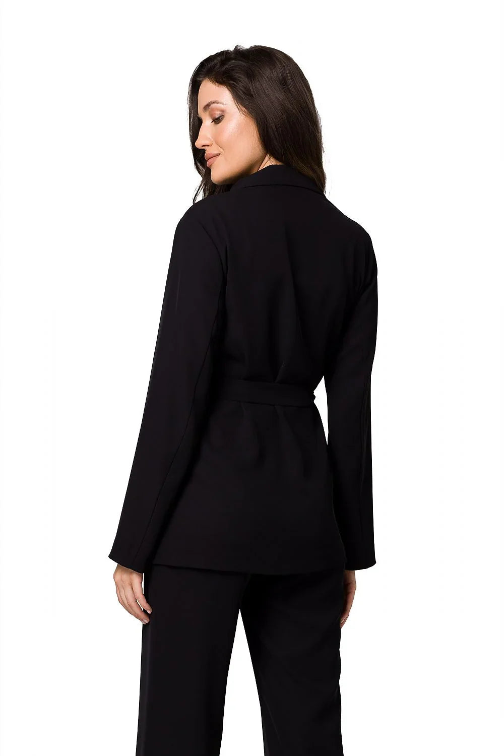 Women's Blazer - Belted Wrap Solid Wool - Regular Fit Longline - Black – Blazer | GUOCALI – view 3