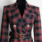 Women's Blazer - Double-Breasted Plaid - Slim Fit Thigh-Length - Black – Blazer | GUOCALI – view 3