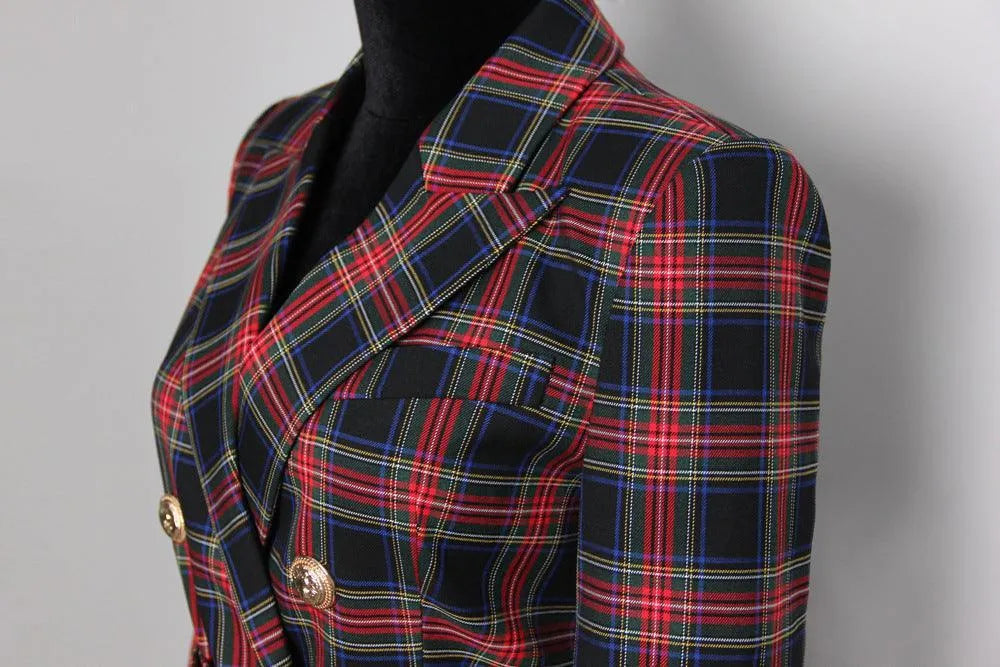 Women's Blazer - Double-Breasted Plaid - Slim Fit Thigh-Length - Black – Blazer | GUOCALI – view 6