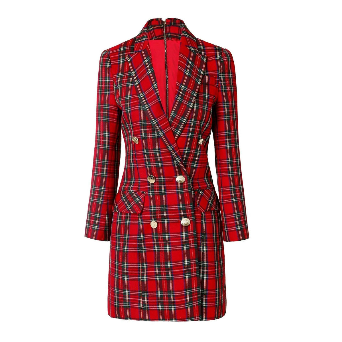 Women's Blazer - Double-Breasted Plaid - Slim Fit Thigh-Length - Red – Blazer | GUOCALI