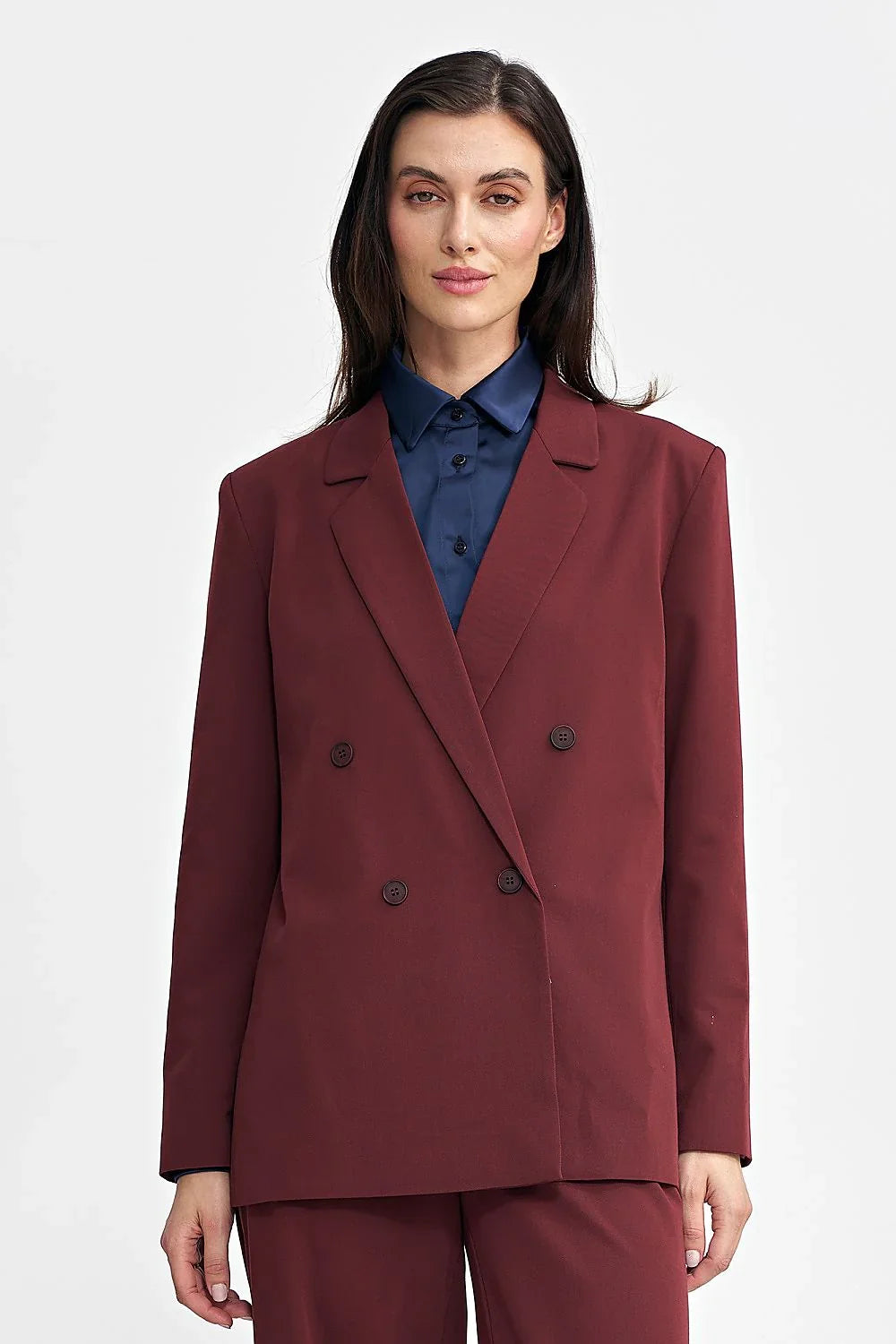 Women's Blazer - Double-Breasted Solid Linen - Oversized Hip-Length - Red – Blazer | GUOCALI