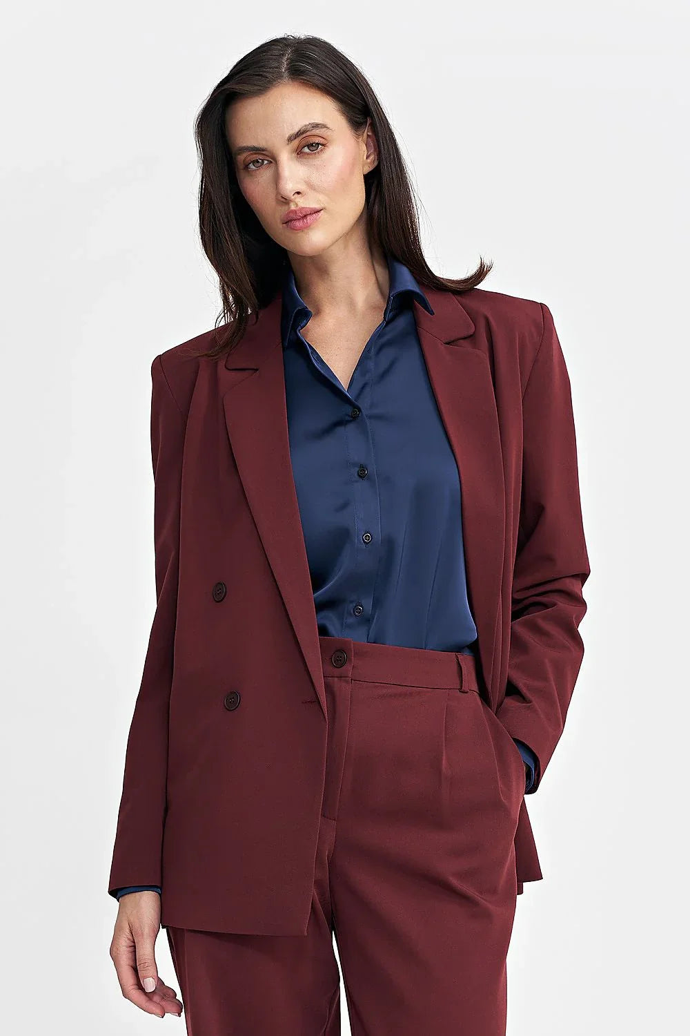 Women's Blazer - Double-Breasted Solid Linen - Oversized Hip-Length - Red – Blazer | GUOCALI – view 4
