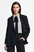 Women's Blazer - Double-Breasted Solid Linen - Oversized Thigh-Length - Black – Blazer | GUOCALI – view 4