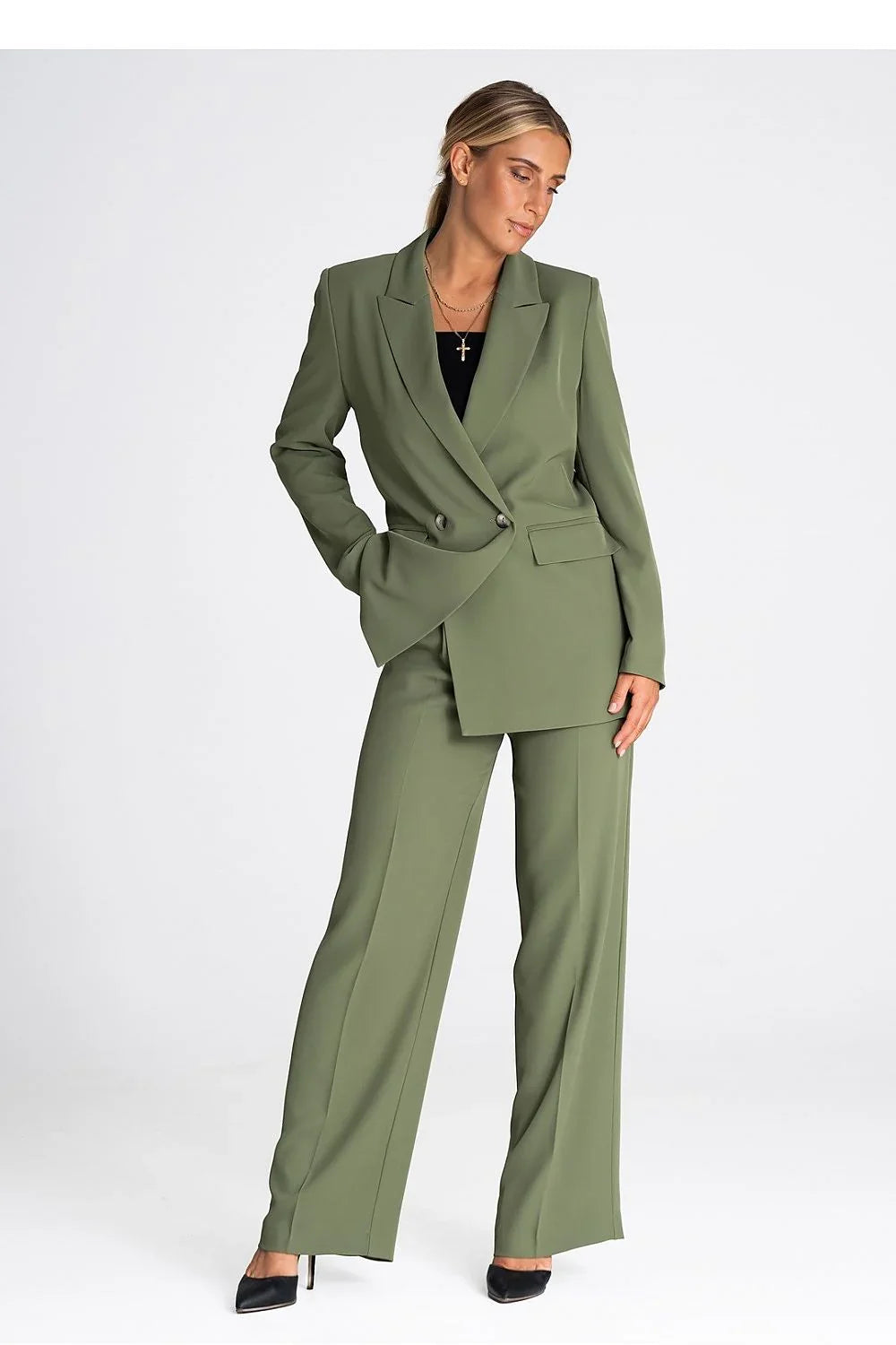 Women's Blazer - Double-Breasted Solid Linen - Regular Fit Hip-Length - Green – Suit Jacket | GUOCALI