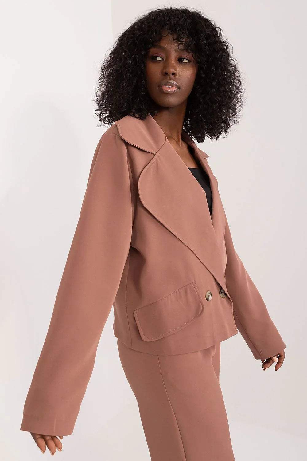 Women's Blazer - Double-Breasted Solid Satin - Regular Fit Hip-Length - Brown – Suit Jacket | GUOCALI – view 2