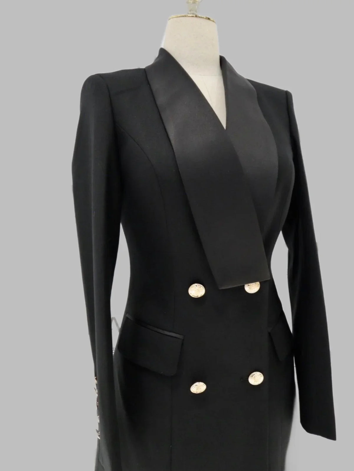 Women's Blazer - Double-Breasted Solid Satin - Slim Fit Thigh-Length - Black – Blazer | GUOCALI – view 2