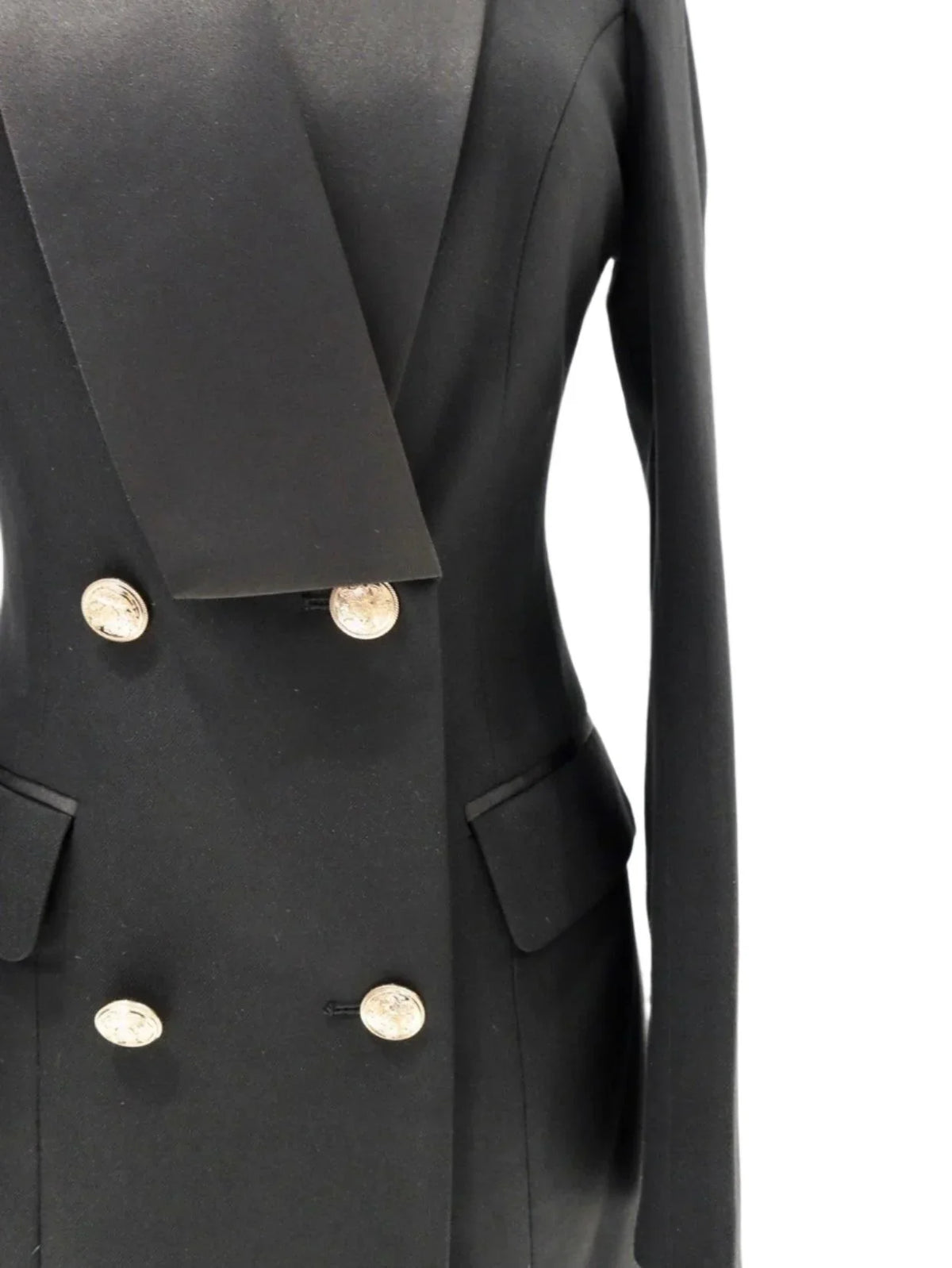 Women's Blazer - Double-Breasted Solid Satin - Slim Fit Thigh-Length - Black – Blazer | GUOCALI – view 3