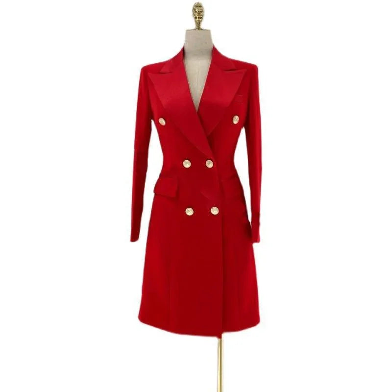 Women's Blazer - Double-Breasted Solid - Slim Fit Thigh-Length - Beige & Red – Blazer | GUOCALI