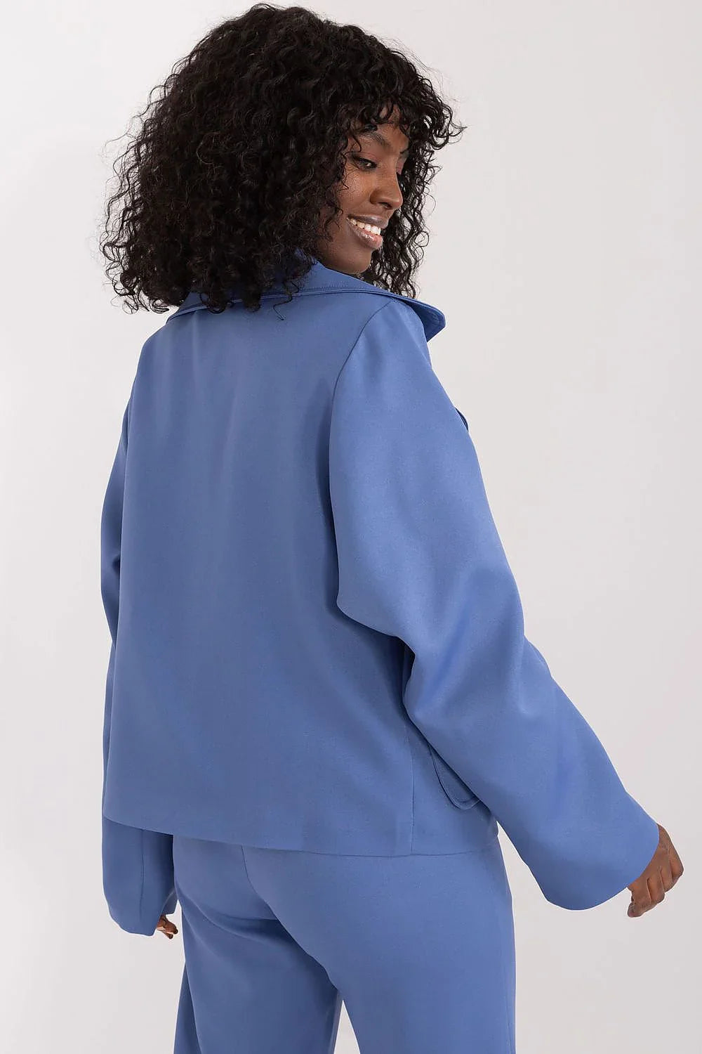 Women's Blazer - Double-Breasted Solid Stretch Satin - Oversized Cropped - Blue – Suit Jacket | GUOCALI – view 2