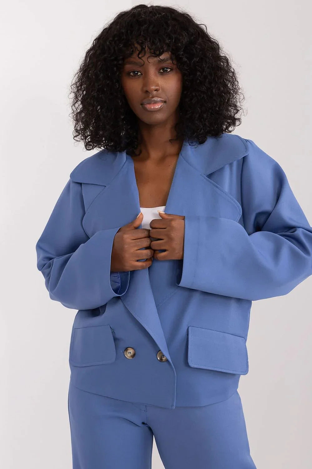 Women's Blazer - Double-Breasted Solid Stretch Satin - Oversized Cropped - Blue – Suit Jacket | GUOCALI – view 3