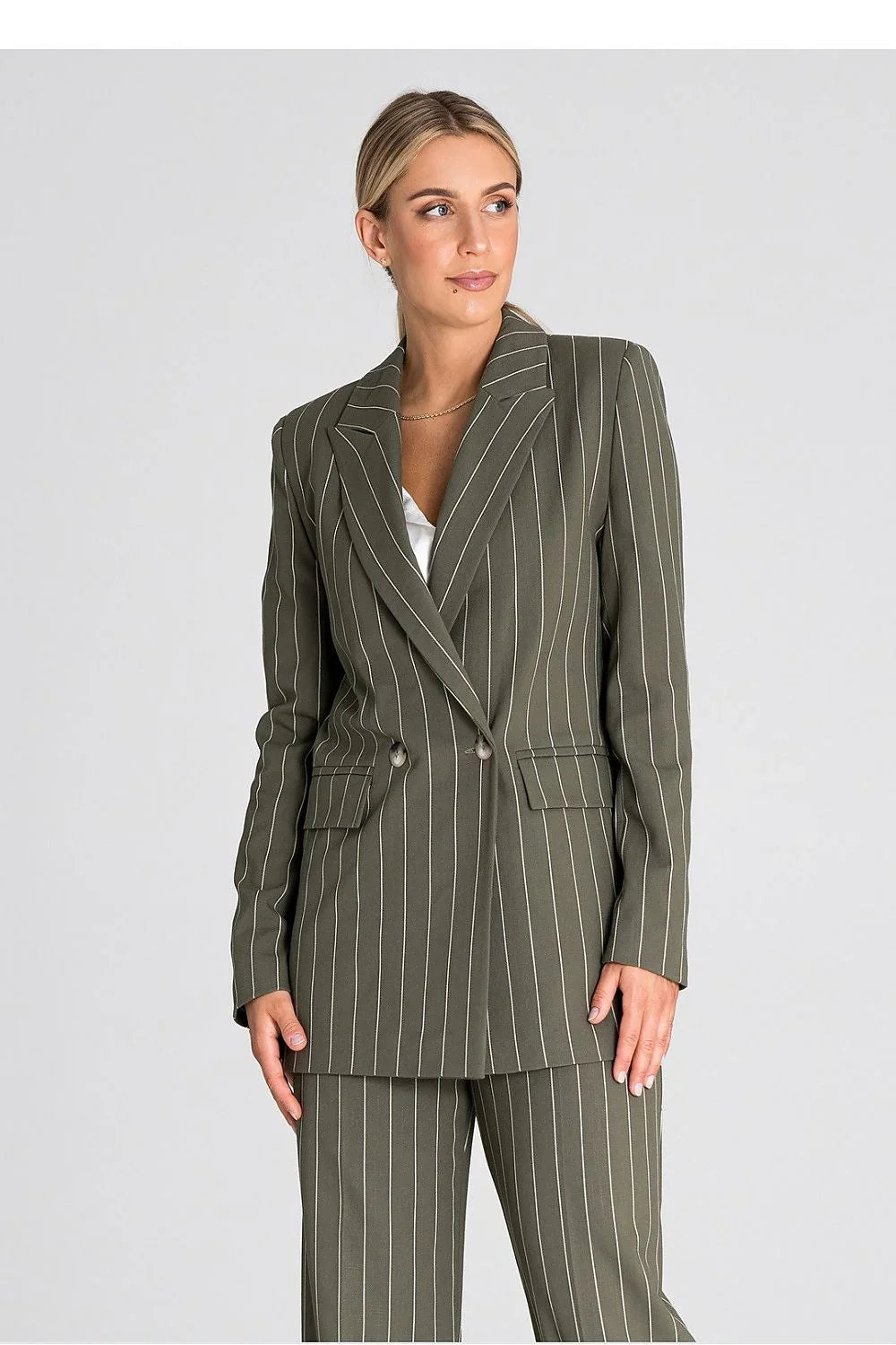 Women's Blazer - Double-Breasted Striped Linen - Regular Fit Hip-Length - Green – Suit Jacket | GUOCALI