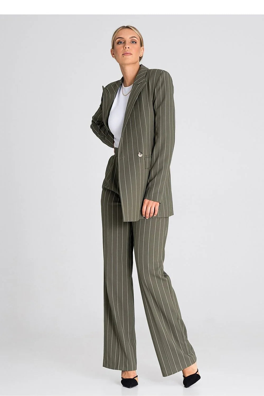 Women's Blazer - Double-Breasted Striped Linen - Regular Fit Hip-Length - Green – Suit Jacket | GUOCALI – view 2
