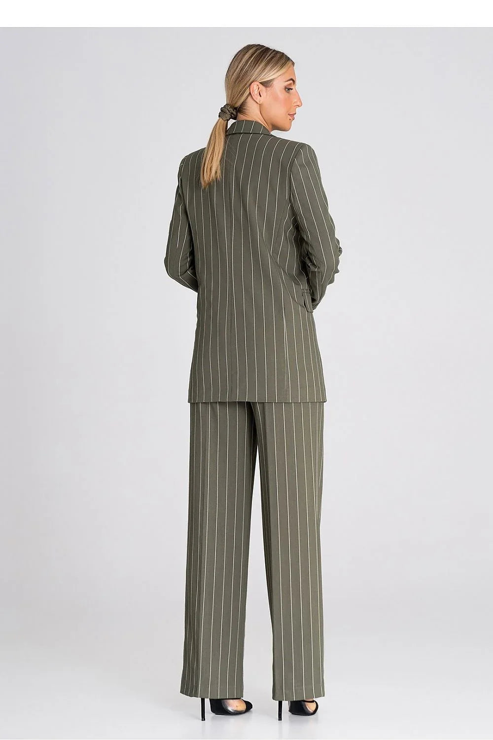 Women's Blazer - Double-Breasted Striped Linen - Regular Fit Hip-Length - Green – Suit Jacket | GUOCALI – view 3