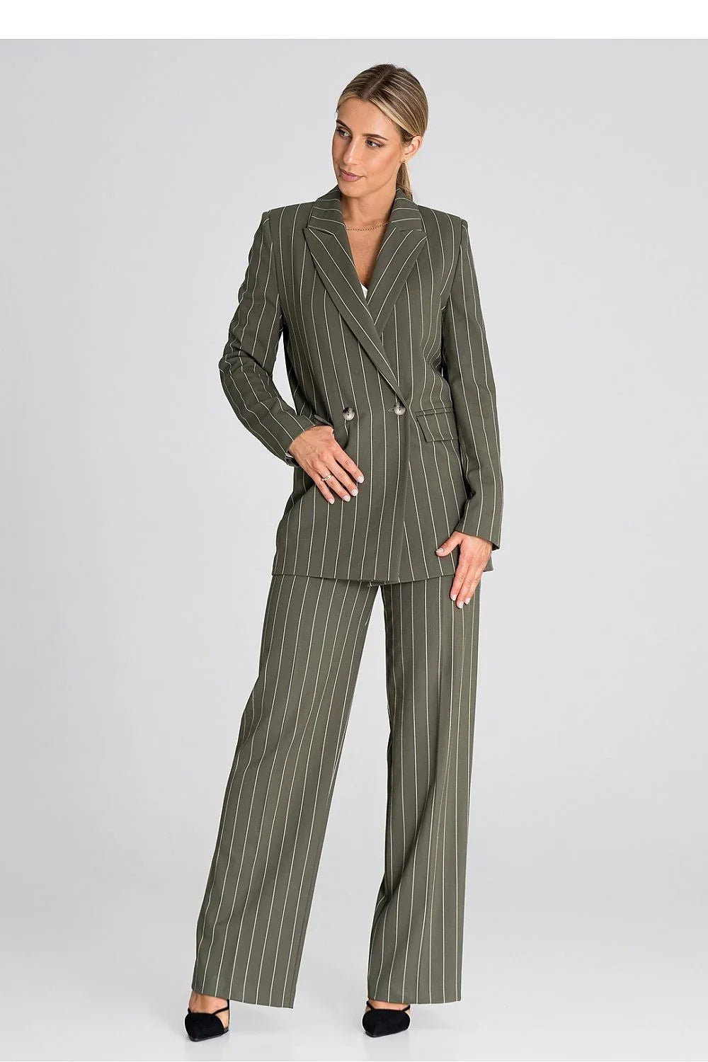 Women's Blazer - Double-Breasted Striped Linen - Regular Fit Hip-Length - Green – Suit Jacket | GUOCALI – view 4