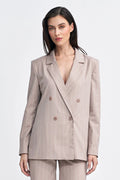 Women's Blazer - Double-Breasted Striped Satin - Oversized Hip-Length - Beige – Suit Jacket | GUOCALI