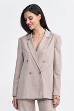 Women's Blazer - Double-Breasted Striped Satin - Oversized Hip-Length - Beige – Suit Jacket | GUOCALI – view 2