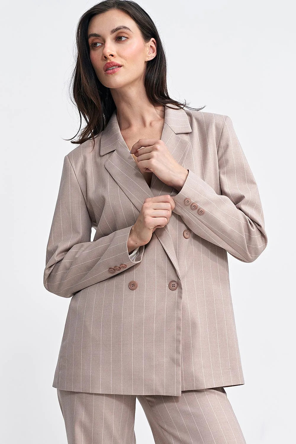 Women's Blazer - Double-Breasted Striped Satin - Oversized Hip-Length - Beige – Suit Jacket | GUOCALI – view 4