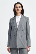 Women's Blazer - Double-Breasted Striped Satin - Oversized Hip-Length - Gray – Suit Jacket | GUOCALI