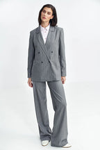 Women's Blazer - Double-Breasted Striped Satin - Oversized Hip-Length - Gray – Suit Jacket | GUOCALI – view 2