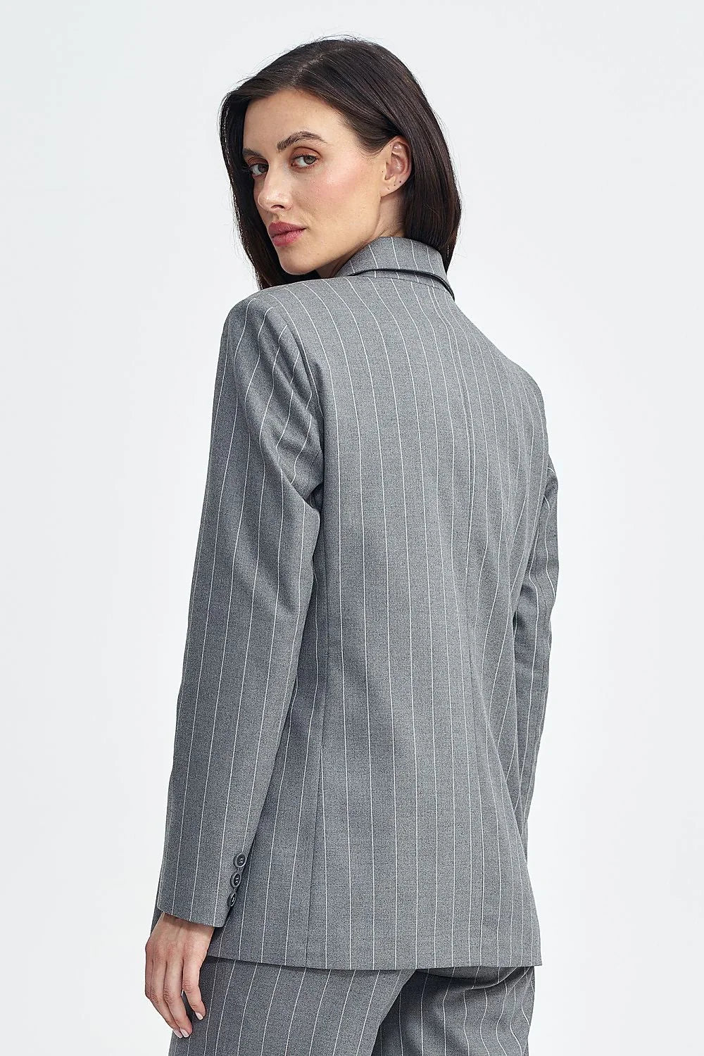 Women's Blazer - Double-Breasted Striped Satin - Oversized Hip-Length - Gray – Suit Jacket | GUOCALI – view 3