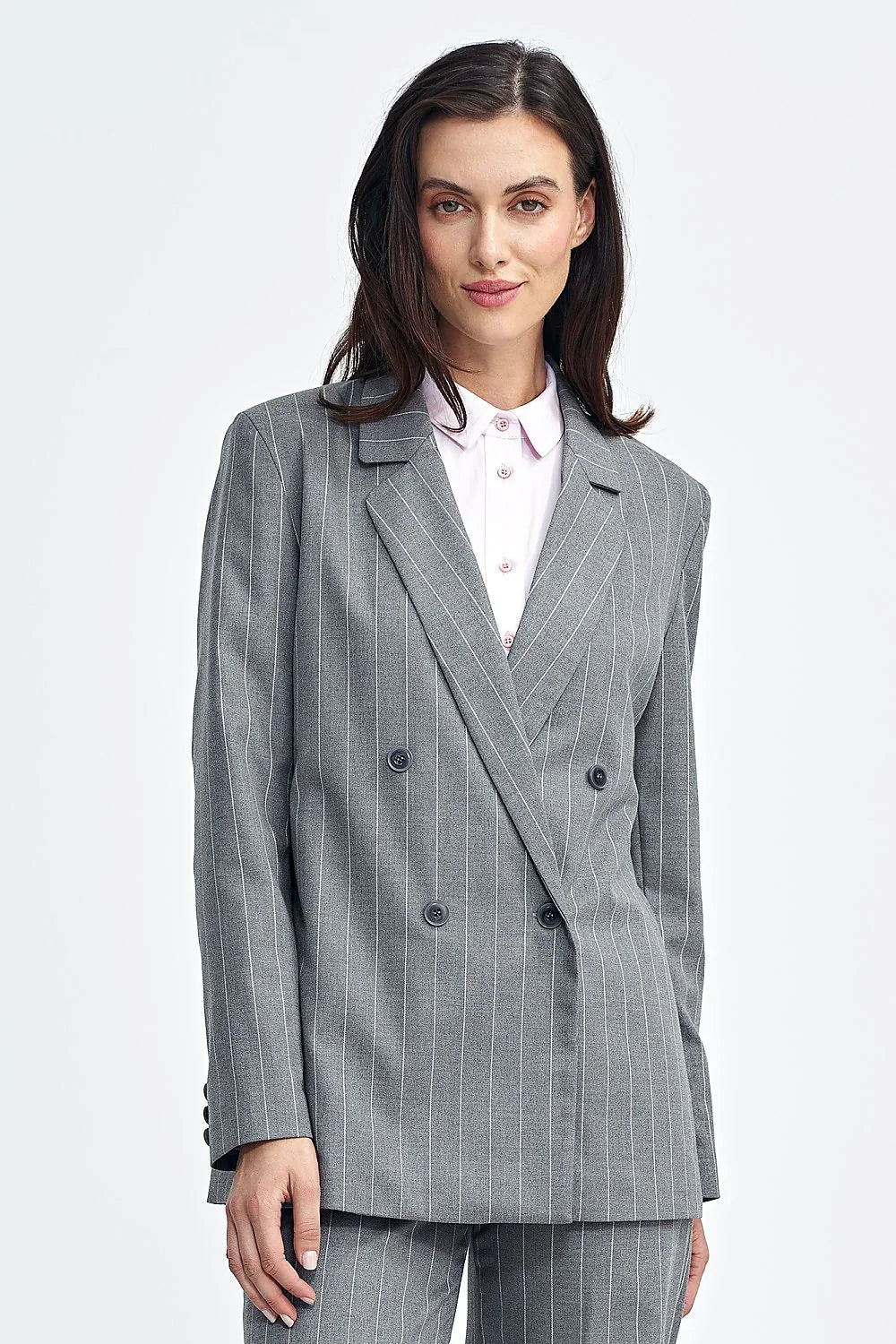 Women's Blazer - Double-Breasted Striped Satin - Oversized Hip-Length - Gray – Suit Jacket | GUOCALI – view 4