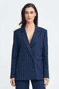 Women's Blazer - Double-Breasted Striped Satin - Oversized Hip-Length - Navy – Blazer | GUOCALI