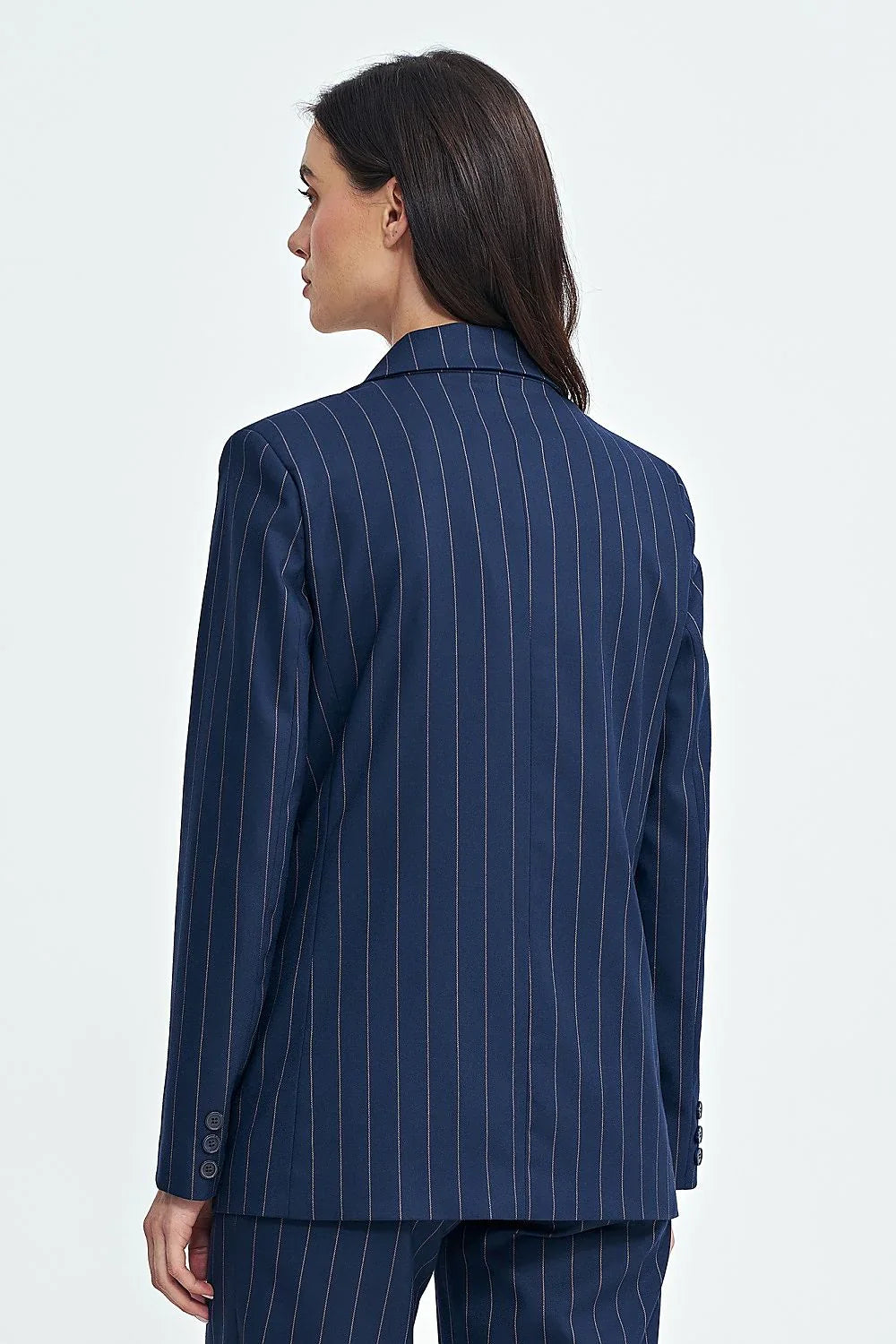 Women's Blazer - Double-Breasted Striped Satin - Oversized Hip-Length - Navy – Blazer | GUOCALI – view 3