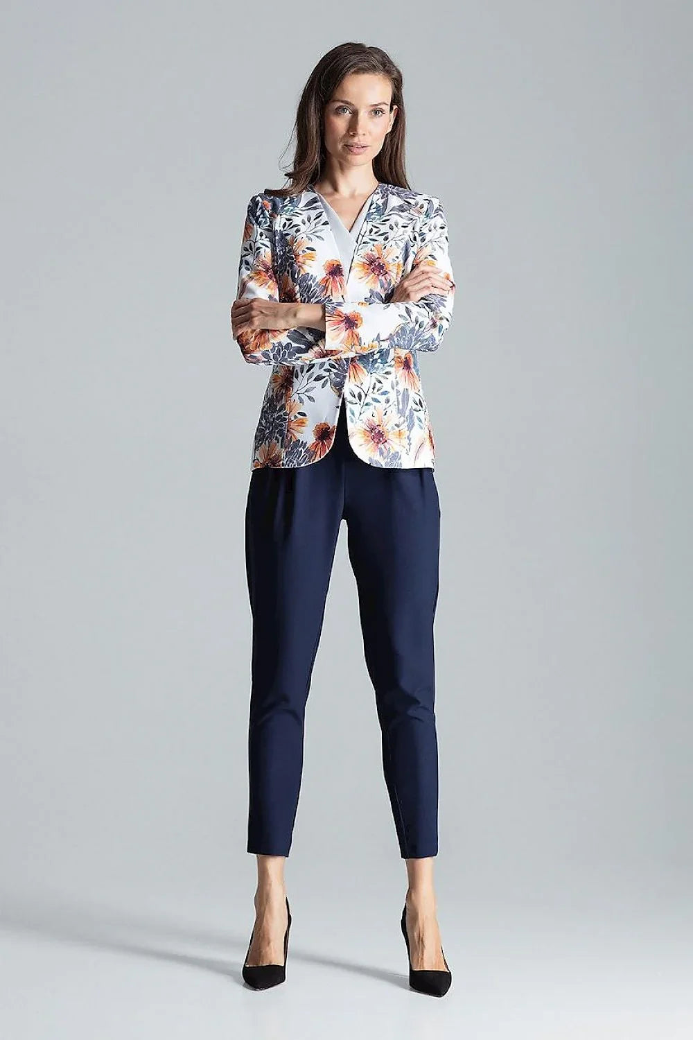 Women's Blazer - One-Button Floral Modal - Slim Fit Hip-Length - Light Grey – Blazer | GUOCALI – view 4