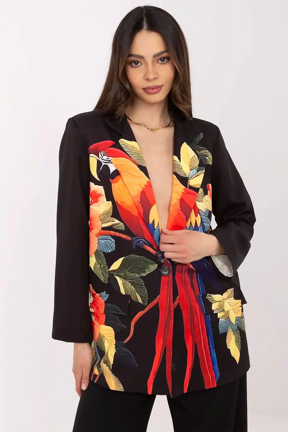 Women's Blazer - One-Button Floral - Regular Fit Thigh-Length - Black – Blazer | GUOCALI