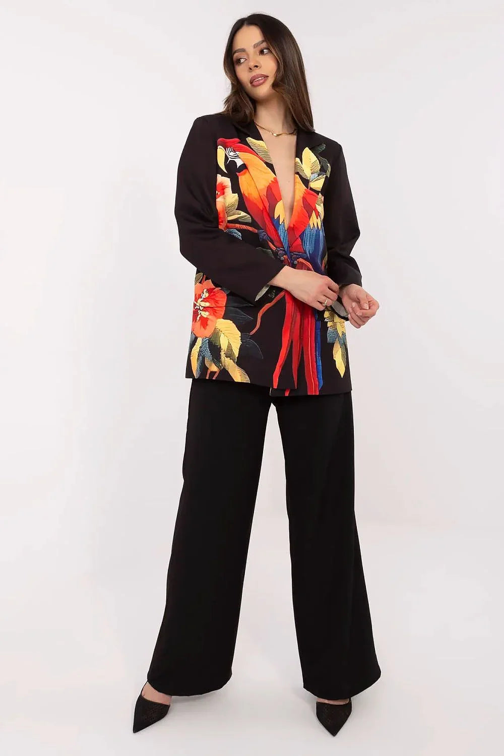 Women's Blazer - One-Button Floral - Regular Fit Thigh-Length - Black – Blazer | GUOCALI – view 2