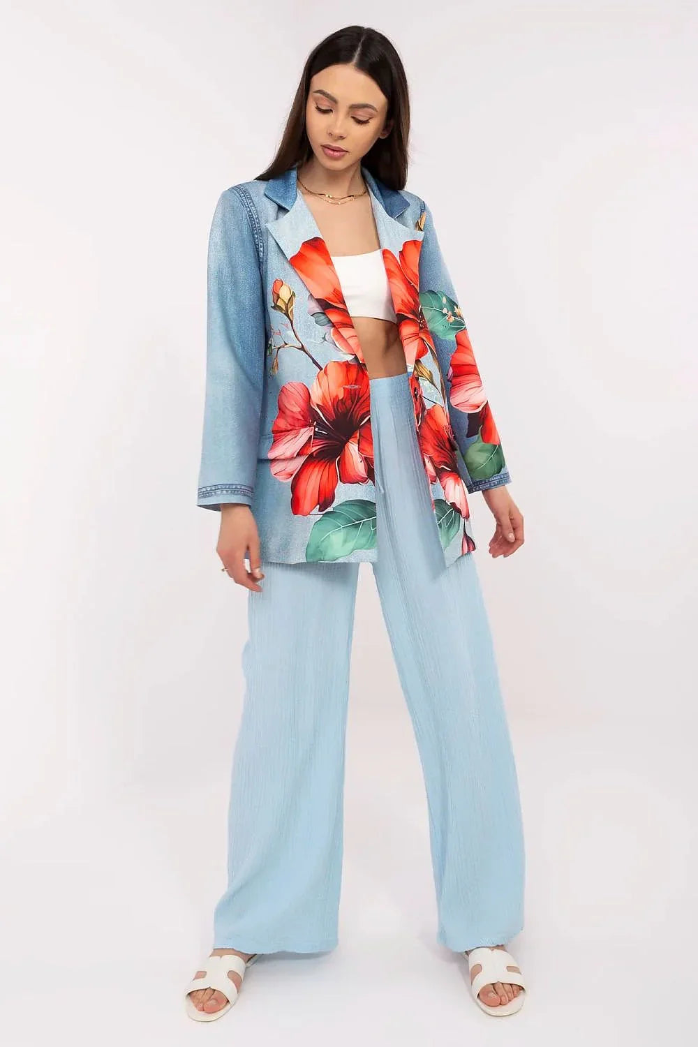 Women's Blazer - One-Button Floral - Regular Fit Thigh-Length - Blue – Blazer | GUOCALI – view 2