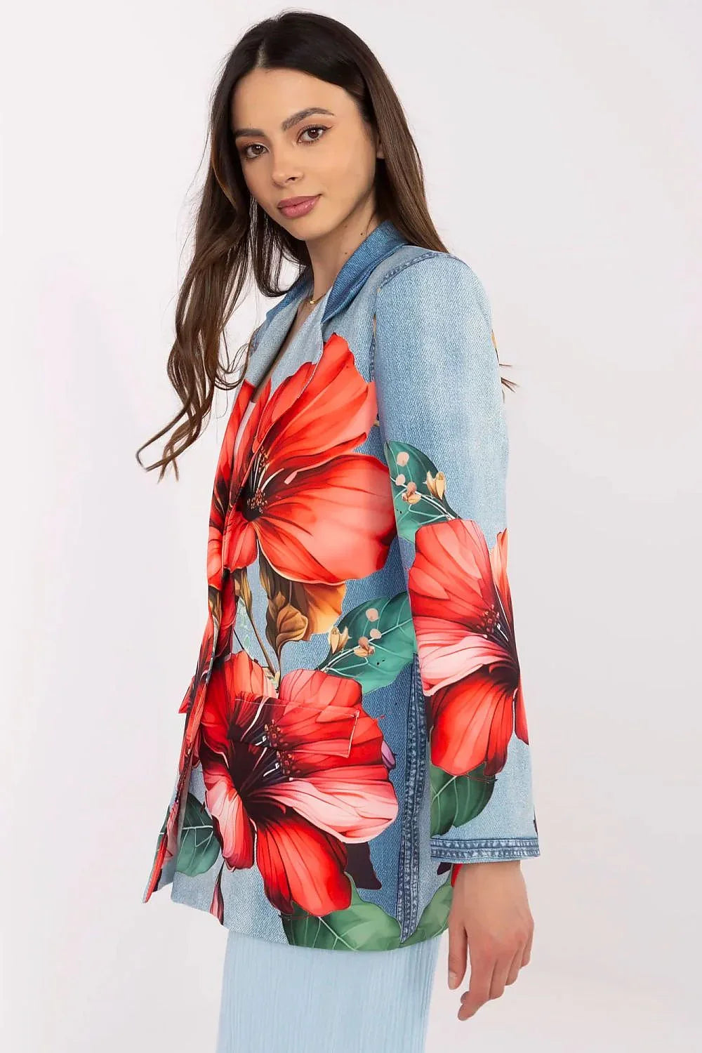 Women's Blazer - One-Button Floral - Regular Fit Thigh-Length - Blue – Blazer | GUOCALI – view 4