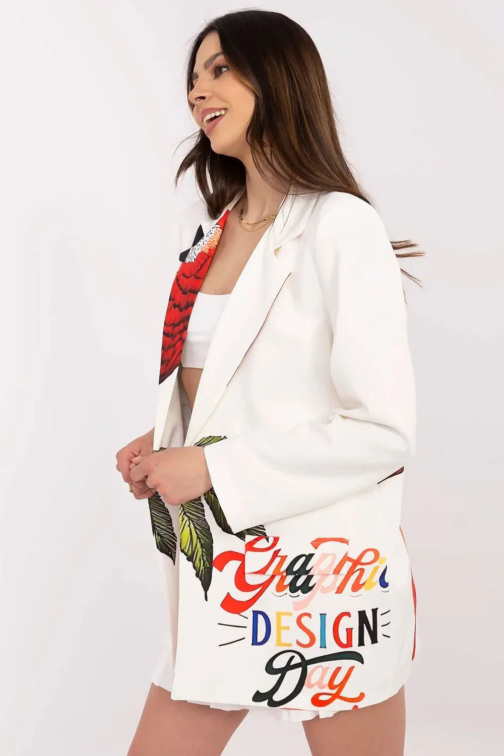 Women's Blazer - One-Button Multicolor - Regular Fit Thigh-Length - Beige – Blazer | GUOCALI – view 2