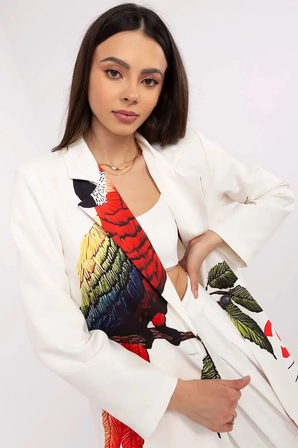 Women's Blazer - One-Button Multicolor - Regular Fit Thigh-Length - Beige – Blazer | GUOCALI – view 4