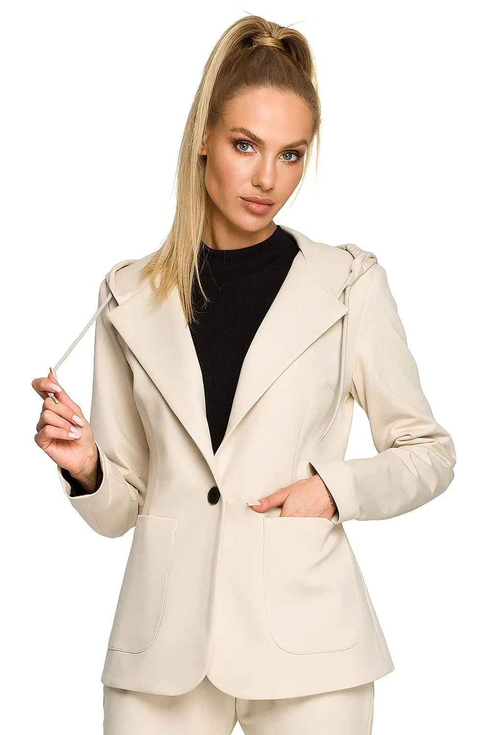 Women's Blazer - One-Button Solid Cotton - Regular Fit Hip-Length - Beige | Moe – Blazer | GUOCALI
