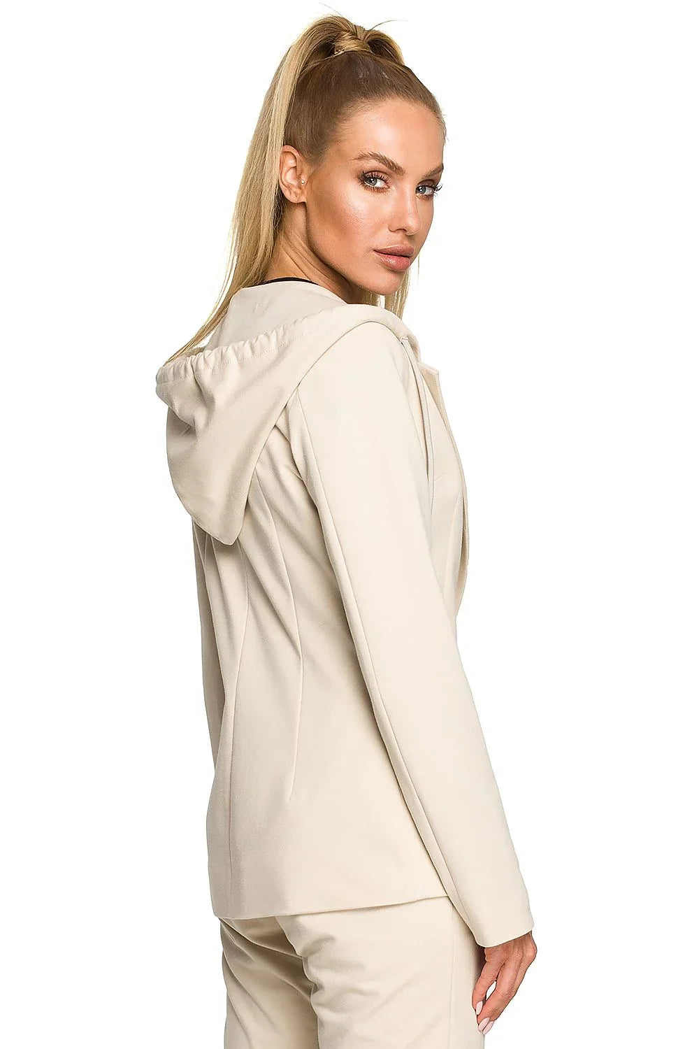 Women's Blazer - One-Button Solid Cotton - Regular Fit Hip-Length - Beige | Moe – Blazer | GUOCALI – view 3