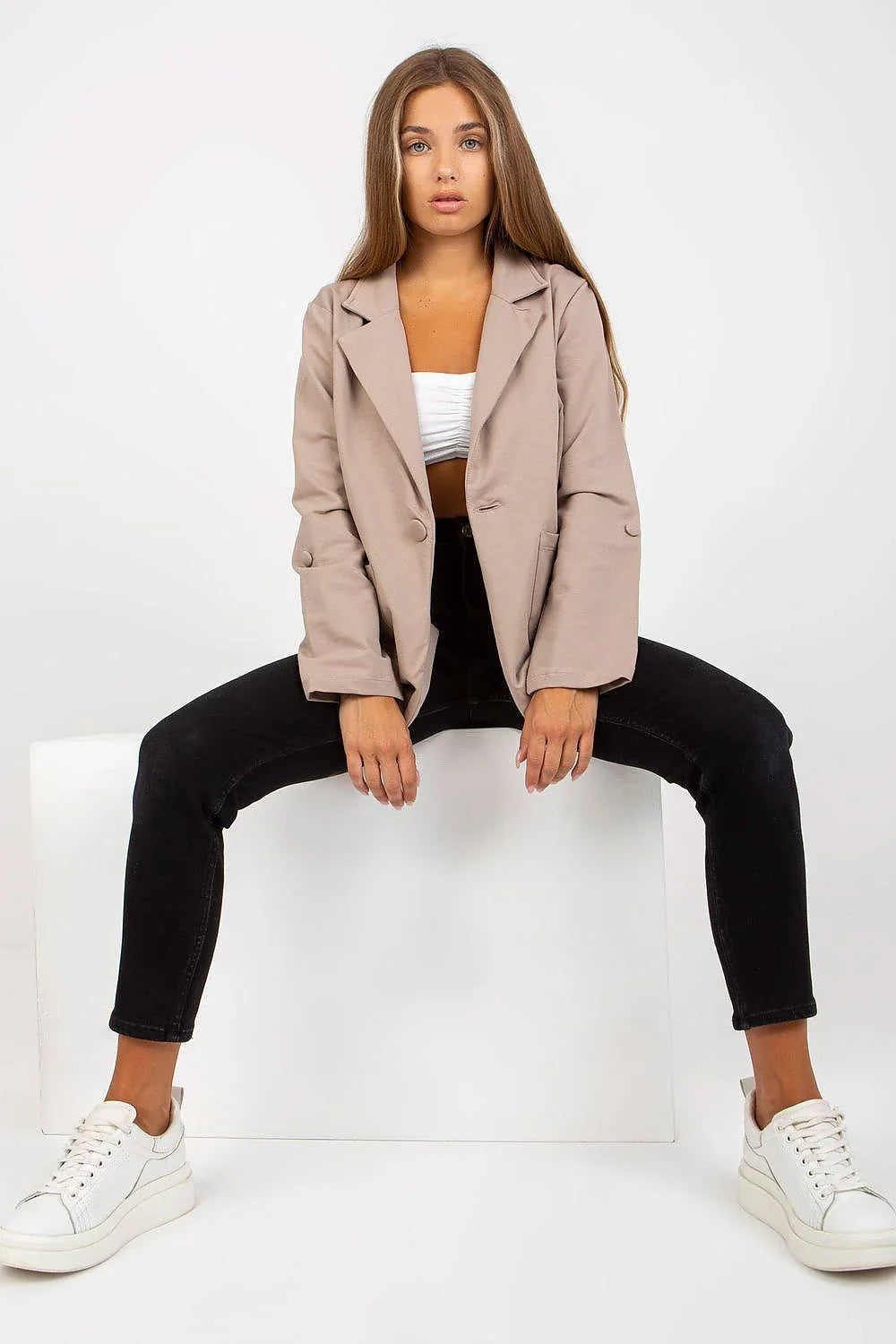 Women's Blazer - One-Button Solid Cotton - Regular Fit Hip-Length - Beige | Rue Paris – Blazer | GUOCALI – view 2