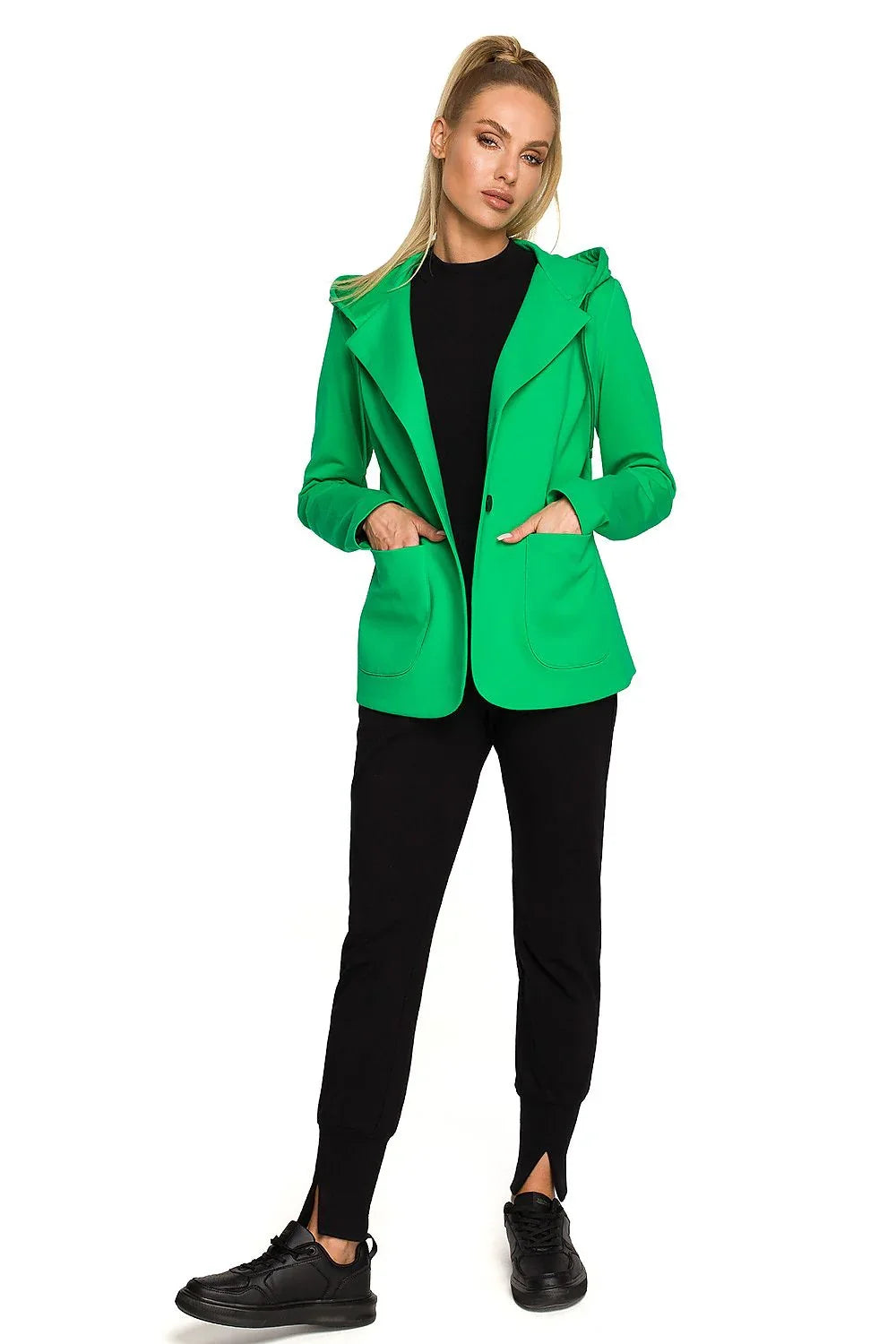 Women's Blazer - One-Button Solid Cotton - Regular Fit Hip-Length - Green – Blazer | GUOCALI – view 2