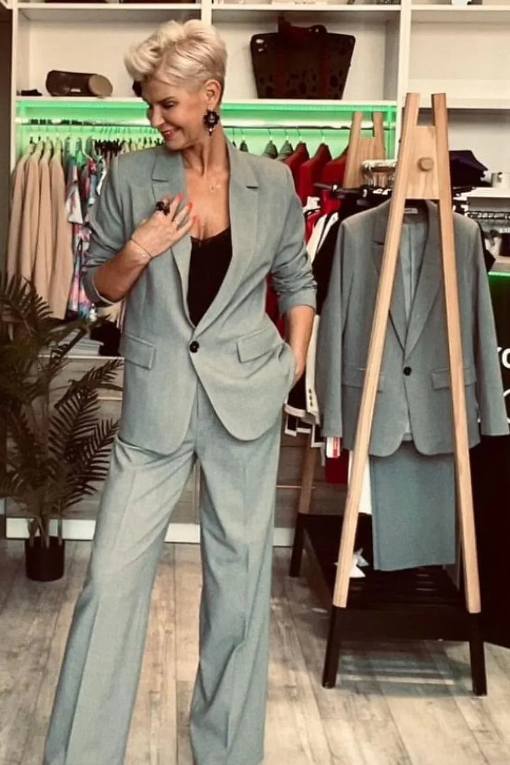 Women's Blazer - One-Button Solid Linen-Cotton - Slim Fit Hip-Length - Gray – Blazer | GUOCALI – view 2