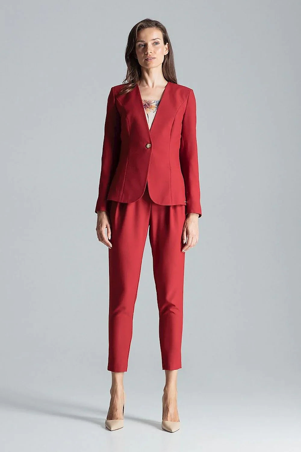 Women's Blazer - One-Button Solid Linen - Slim Fit Hip-Length - Red – Suit Jacket | GUOCALI – view 2