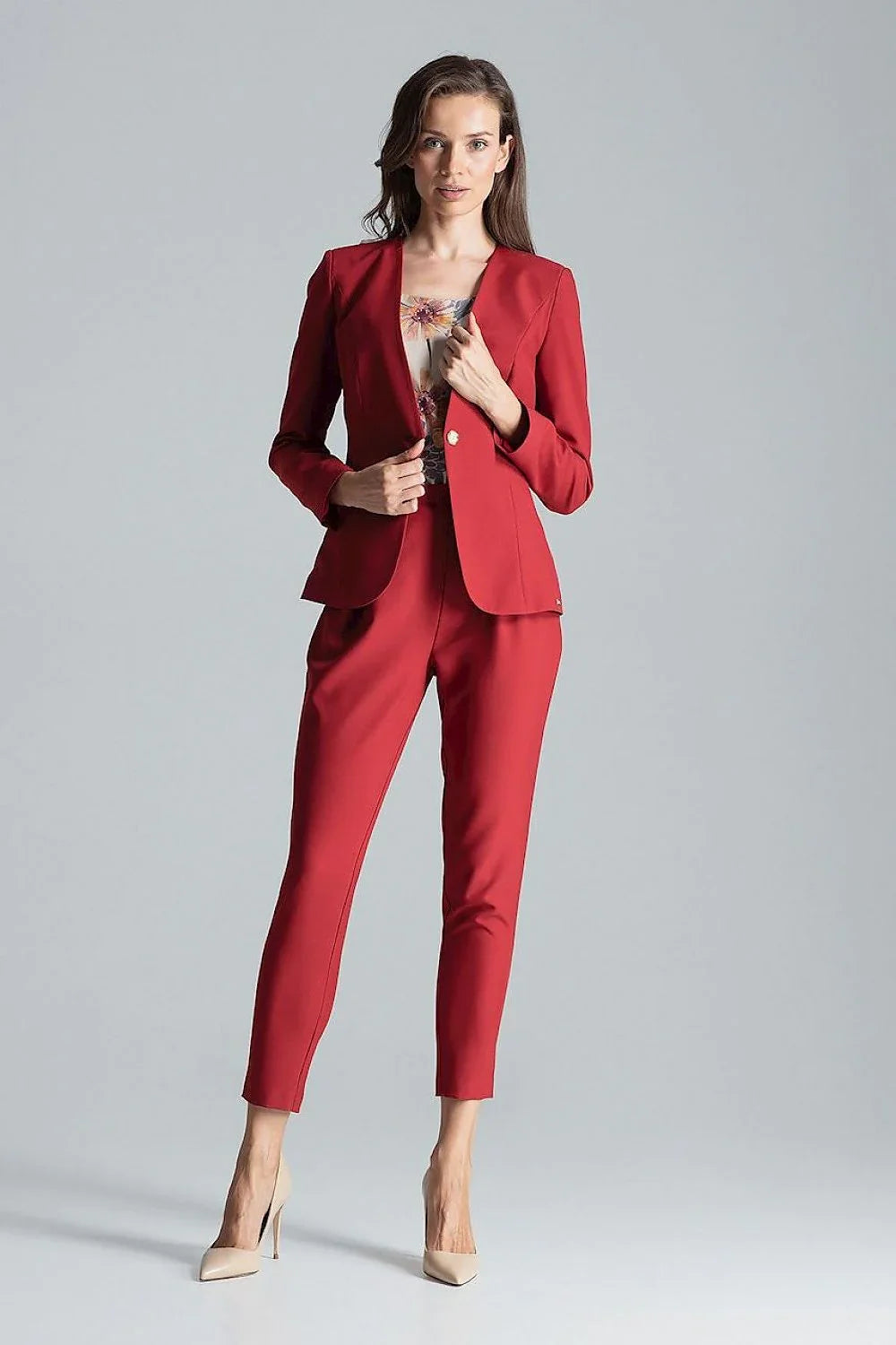 Women's Blazer - One-Button Solid Linen - Slim Fit Hip-Length - Red – Suit Jacket | GUOCALI – view 4