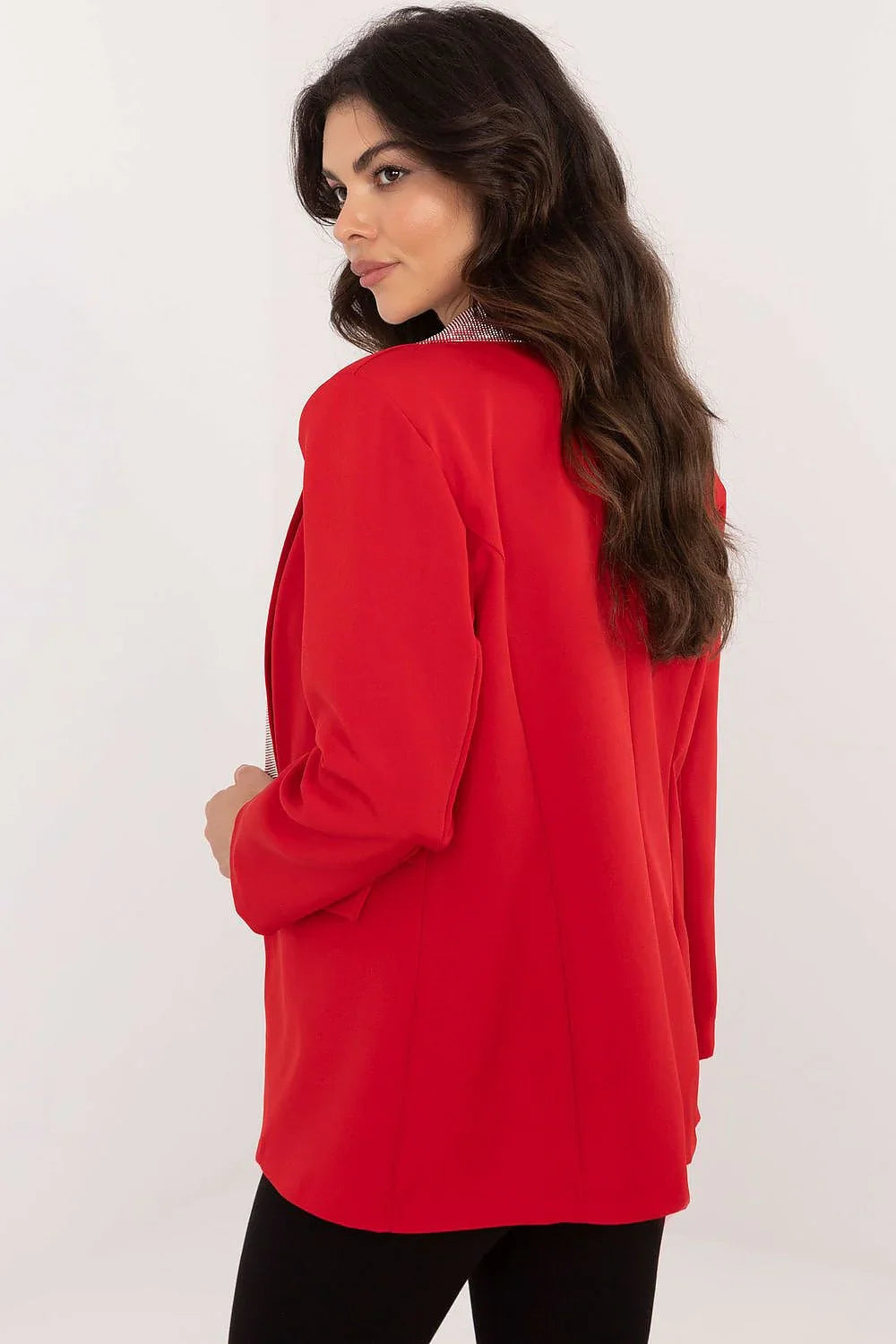 Women's Blazer - One-Button Solid Satin - Regular Fit Hip-Length - Red | Italy Moda – Blazer | GUOCALI – view 3