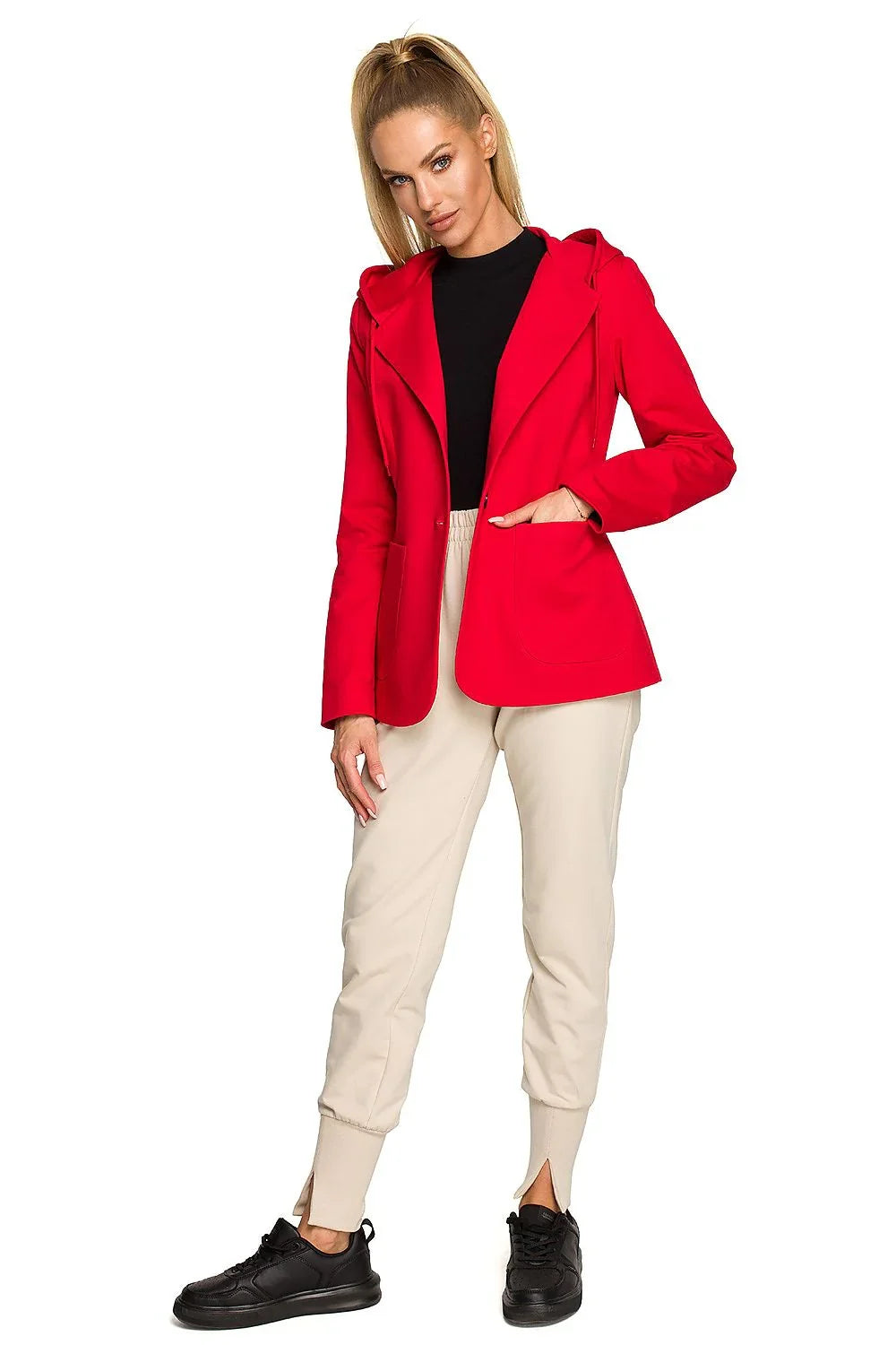 Women's Blazer - One-Button Solid Stretch Cotton - Regular Fit Hip-Length - Red – Blazer | GUOCALI – view 2