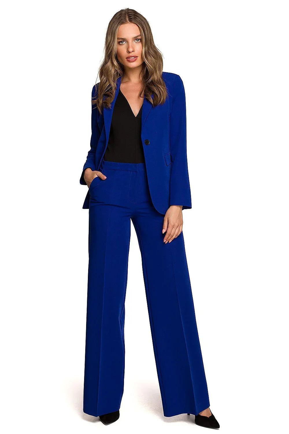 Women's Blazer - One-Button Solid Stretch Linen - Regular Fit Hip-Length - Blue – Blazer | GUOCALI – view 2