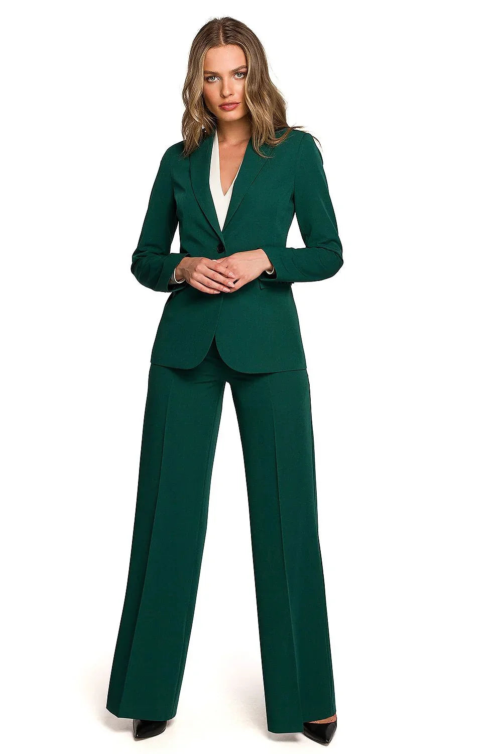 Women's Blazer - One-Button Solid Stretch Linen - Regular Fit Hip-Length - Green | Stylove – Blazer | GUOCALI – view 2