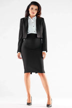 Women's Blazer - One-Button Solid Stretch Linen - Slim Fit Cropped - Black – Blazer | GUOCALI – view 2