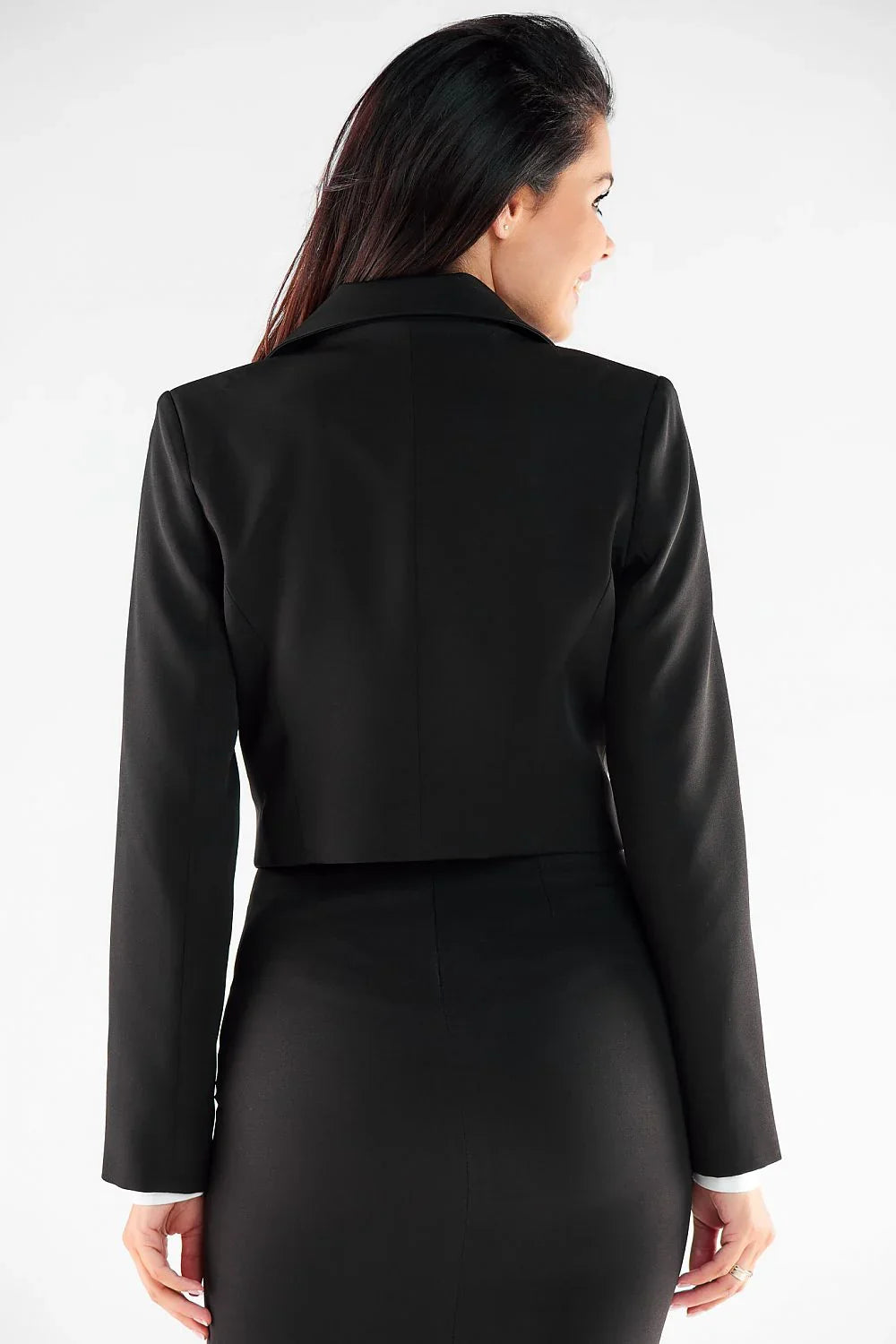 Women's Blazer - One-Button Solid Stretch Linen - Slim Fit Cropped - Black – Blazer | GUOCALI – view 3