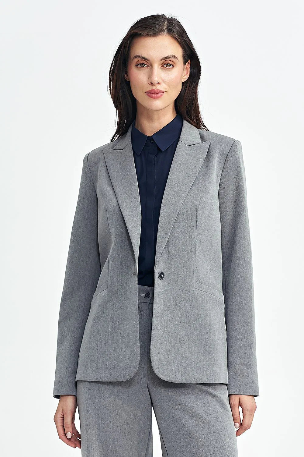 Women's Blazer - One-Button Solid Stretch Satin - Slim Fit Hip-Length - Gray – Suit Jacket | GUOCALI – view 2