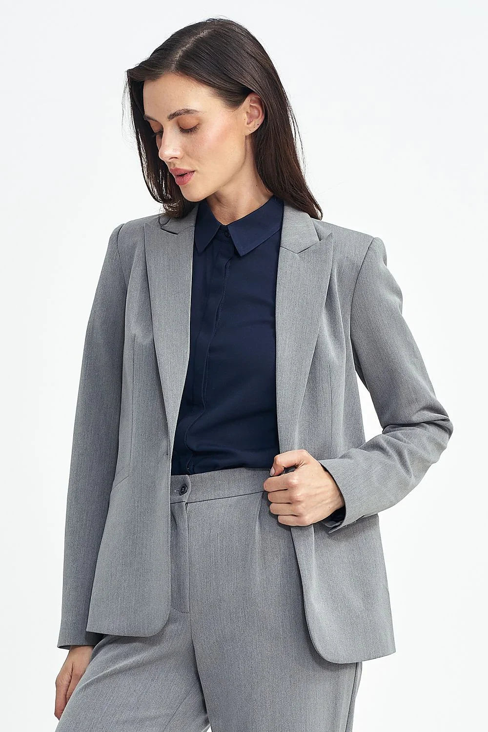 Women's Blazer - One-Button Solid Stretch Satin - Slim Fit Hip-Length - Gray – Suit Jacket | GUOCALI – view 4
