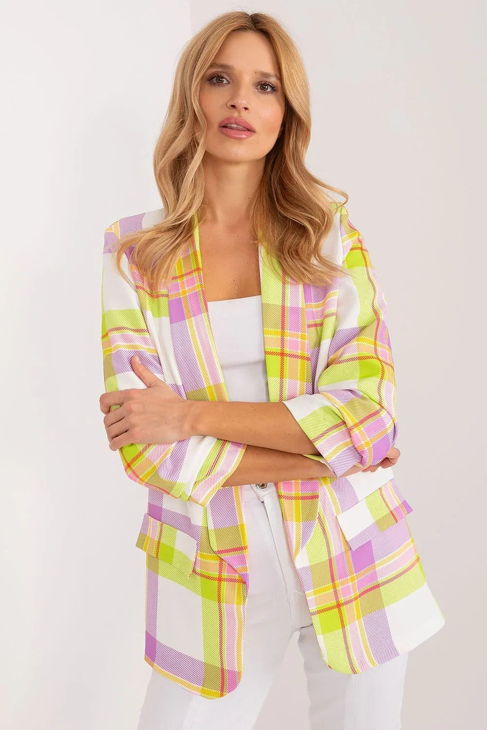 Women's Blazer - Open-Front Checkered - Regular Fit Hip-Length - Pink – Blazer | GUOCALI